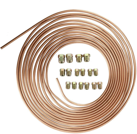 AuInLand 25 Ft. of 3/16 in Brake Line Tubing Kit, Copper-Coated Iron Break Line, Flexible Brake Coil Roll with 16 Fittings