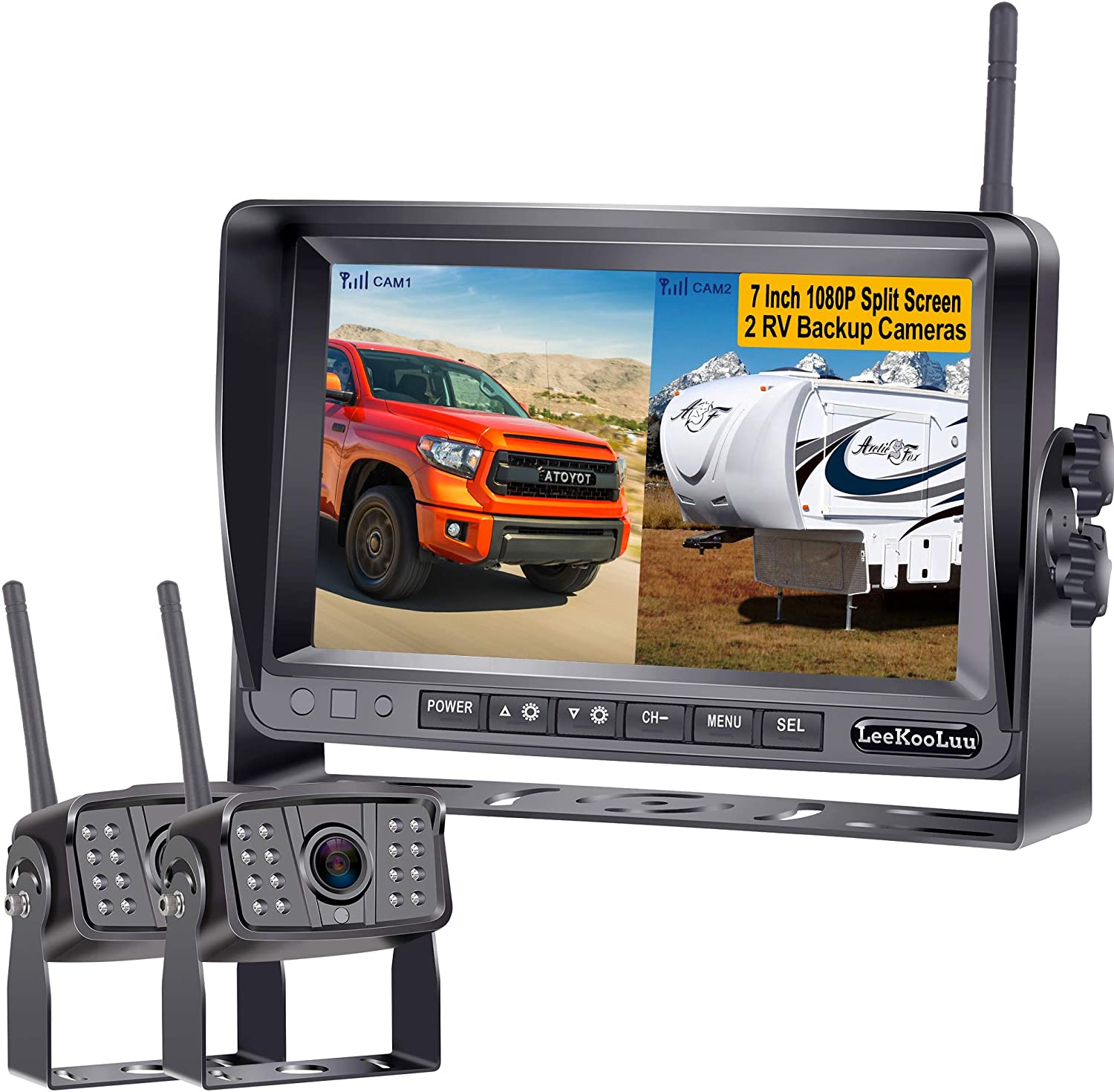 LeeKooLuu LK6 FHD 1080P Digital Wireless 2 Backup Cameras for RVs/Travel Trailers/Pickups/Trucks/Motorhomes 7'' Monitor IPS Split Screen Highway Observation System IP69K Waterproof IR Night Vision