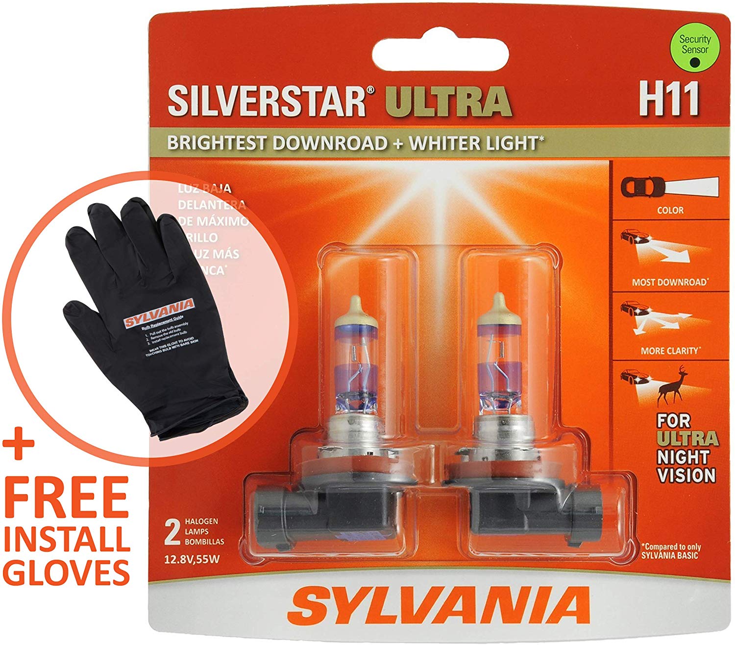 SYLVANIA - H11 SilverStar Ultra + FREE Installation Glove - High Performance Halogen Headlight Bulb, High Beam, Low Beam and Fog Replacement Bulb, Brightest Downroad & Whiter Light (Contains 2 Bulbs)