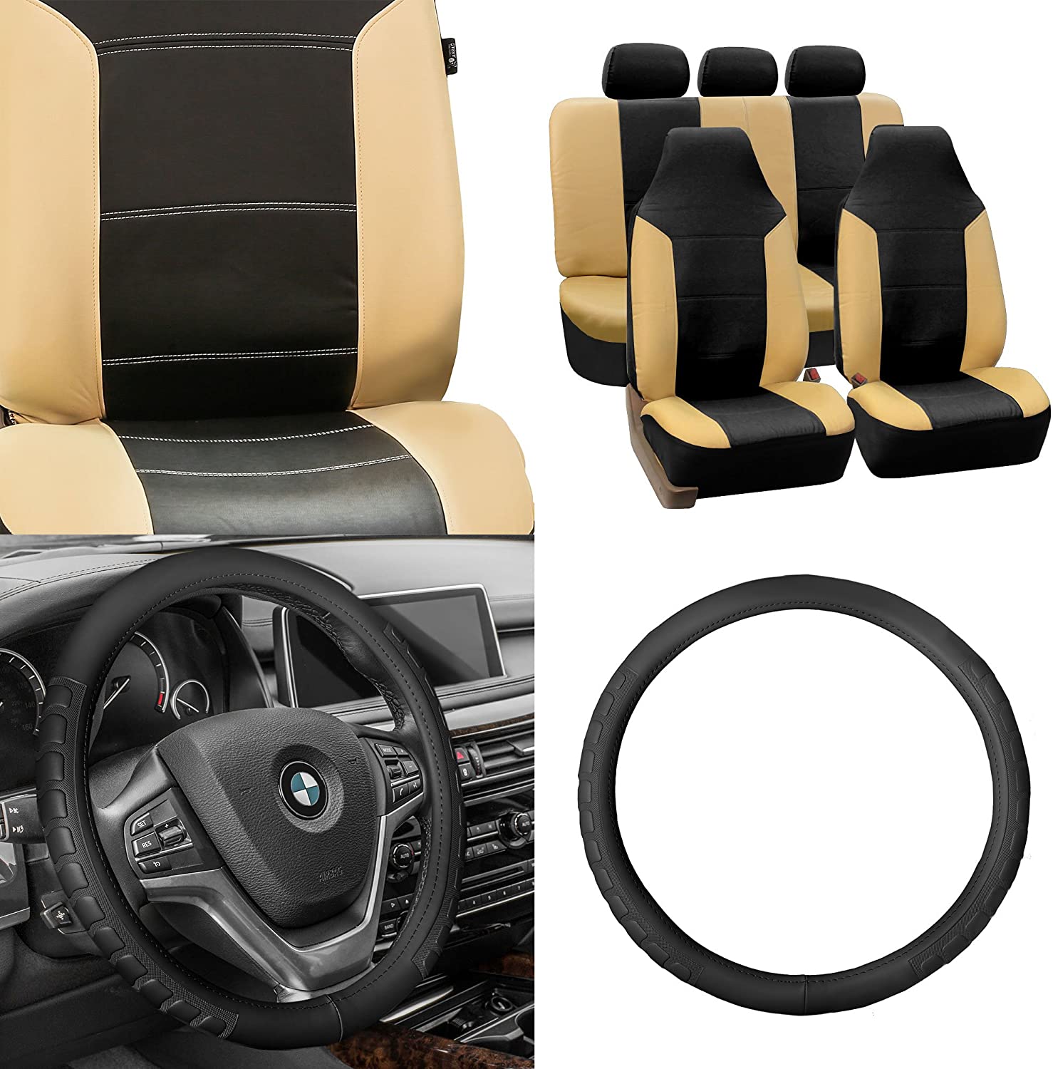 FH GROUP FH-PU103115 High Back Royal PU Leather Beige/Black Seat Covers (Airbag compatible & Split) W. FH2006 Microfiber Embossed Leather Black Steering Wheel Cover-Fit Most Car, Truck, Suv, or Van