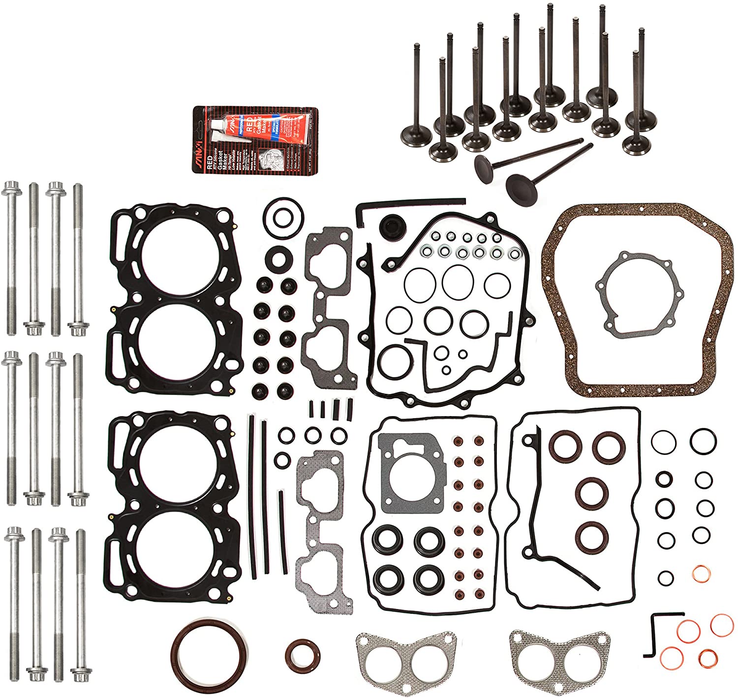 Evergreen FSHBIEV9009 Full Gasket Set Head Bolts Intake Exhaust Valves Compatible With 99-03 Subaru Impreza Legacy Forester Outback 2.5 EJ25 SOHC