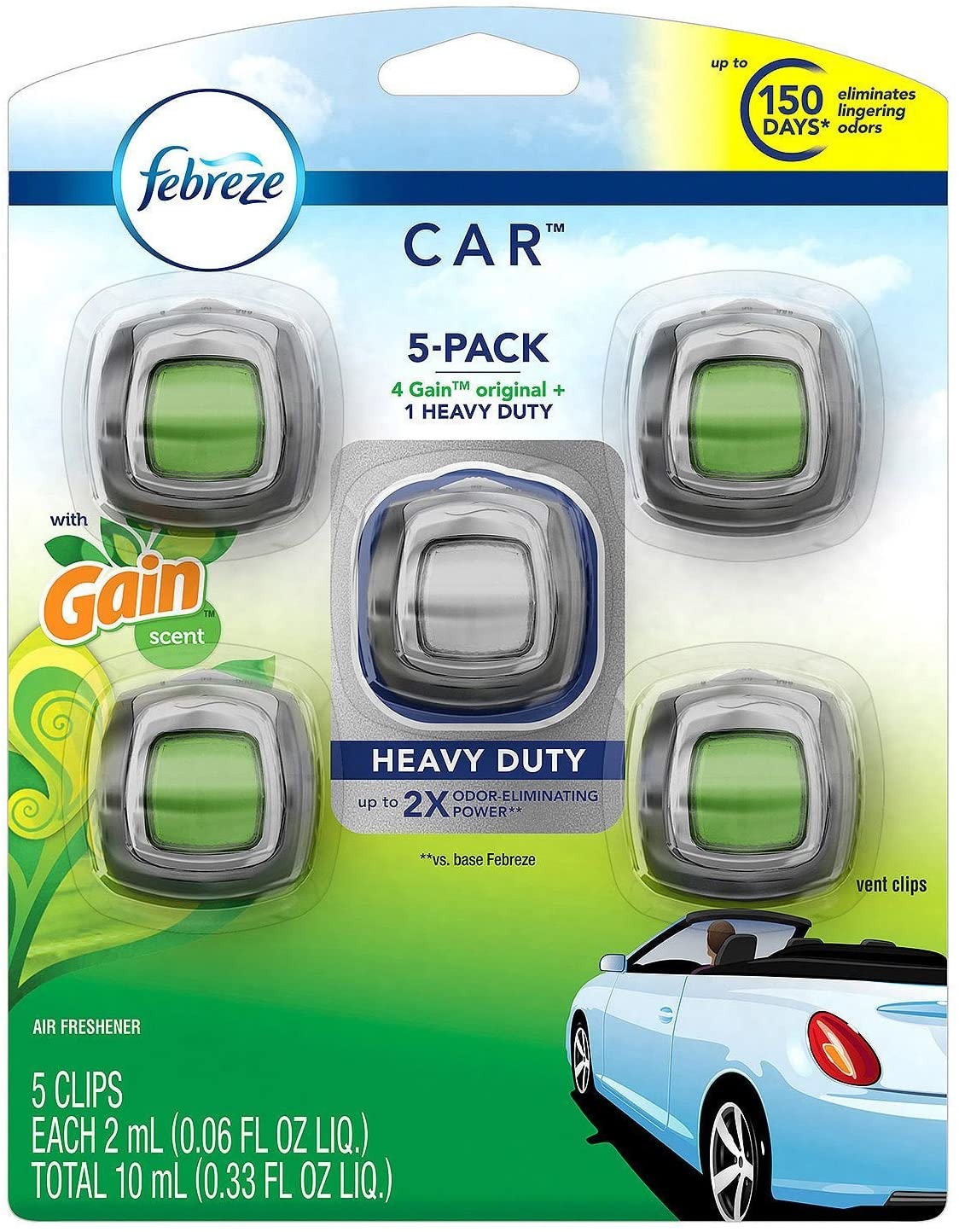 Febreze Car Air Freshener, Set of 5 Clips, 4 Gain Scent, 1 Heavy Duty