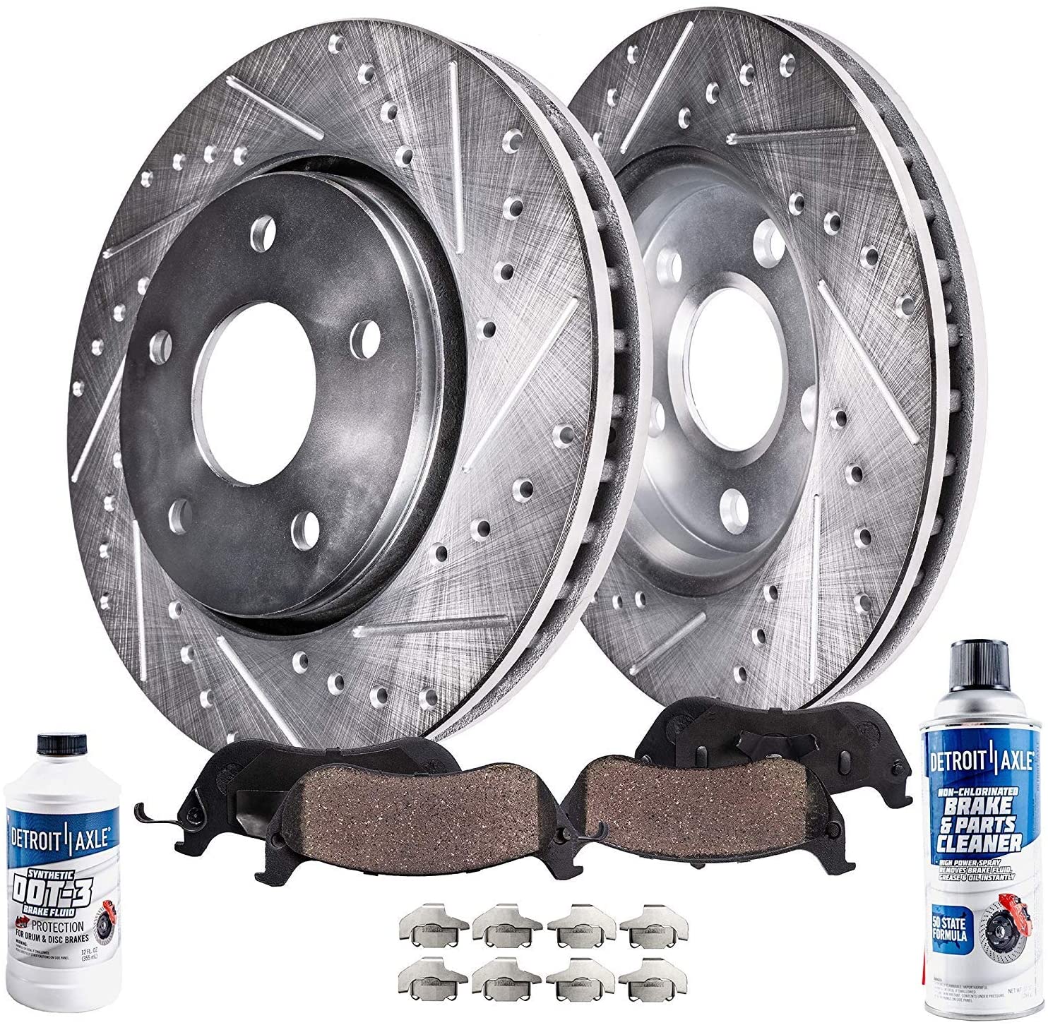 Detroit Axle - Pair (2) Front Drilled and Slotted Brake Kit Rotors w/Ceramic Pads w/Hardware & Brake Kit Cleaner & Fluid for 2013-2019 Nissan Pathfinder | Detroit Axle - S-WLX1552, P-1649