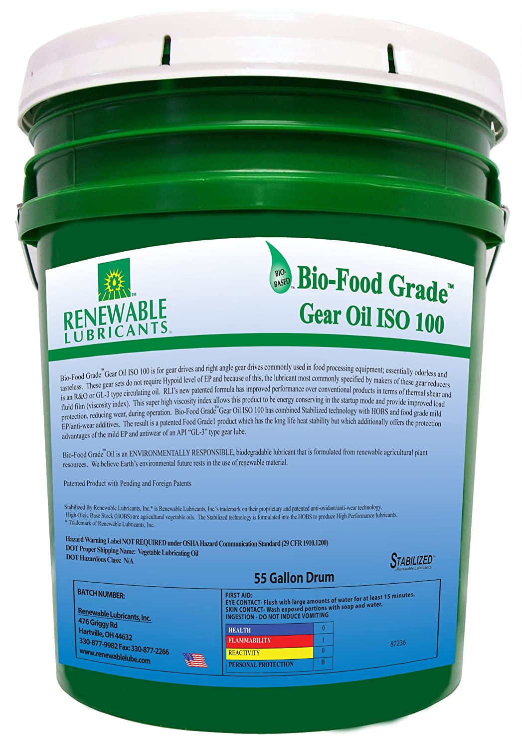 Renewable Lubricants Bio-Food Grade ISO 100 Gear Oil, 5 Gallon Pail