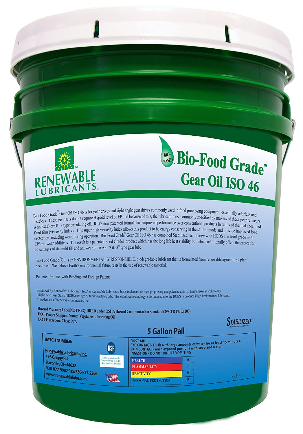 Renewable Lubricants Bio-Food Grade ISO 46 Gear Oil, 5 Gallon Pail