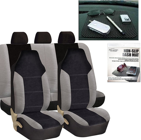 FH Group FH-FB103115 Leather/Velour High Back Car Seat Covers Gray/Black (Full Set Airbag Ready and Split Rear Bench) with FH1002 Non-Slip Dash Grip Pad -Fit Most Car, Truck, SUV, or Van
