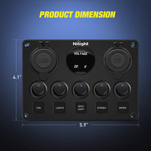 Nilight 90101E 5Gang Multi-Function 5 Gang Rocker Dual USB Charger + Digital Volmeter +12V Outlet Pre-Wired Switch Panel with Circuit Breakers for RV Car Boat Truck Trailer,2 Years Warranty