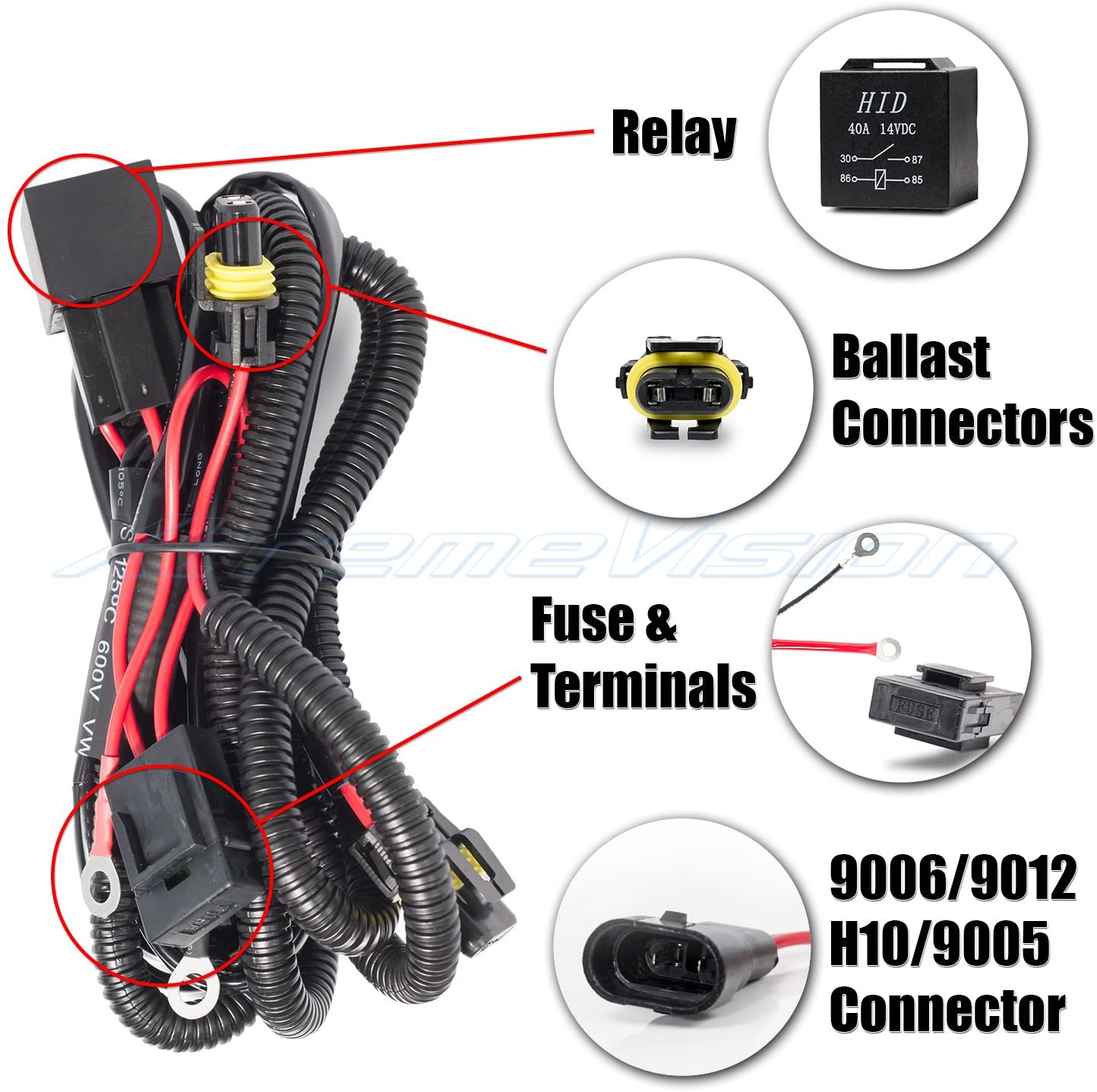 XtremeVision Universal HID Battery Wiring Relay Harness 12V 40 AMP 35W/55W - H1 H3 H7 H8 H9 H10 H11 9005 9006 5202 880 881 9140 9145
