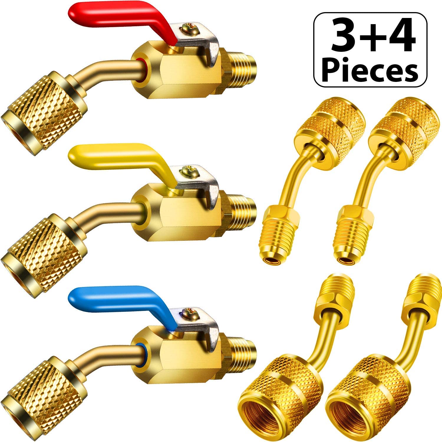 7 Pieces Air Conditioning Refrigerant Angled Compact Ball Valve 1/4 Inch SAE for R410A R134A R12 R22 AC HVAC and R410A Adapter 5/16 Inch SAE Female to 1/4 Inch SAE Male Flare for Mini Split System