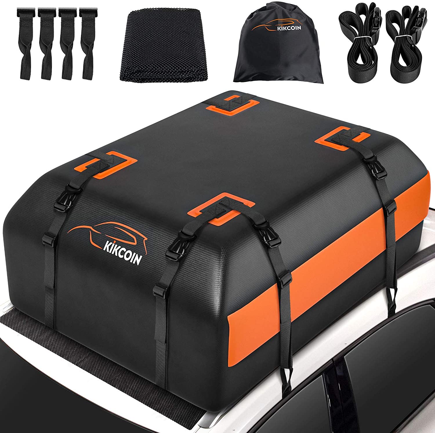Car Rooftop Cargo Carrier Bag, Expandable 15 to 19 Cubic Feet 100% Waterproof Car Roof Bag for All Vehicle With/Without Racks, with Storage Bag, Anti-Slip Mat, 8+2 Durable Straps, 4 Door Hooks (Expandable 15 to 19 cubic feet Black with Orange)
