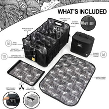Car Trunk Organizer with Cooler Lid - Front and Back Seat Belt | Bottle, Wipes, Plastic Bag Pockets | Baby Diaper Caddy Organizer with Changing Pad | Backseat Car Organizer Kids Babies Storage Basket