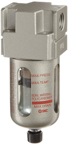 SMC AF20-N02-CZ Compressed Air Filter, Removes Particulate, Polycarbonate Bowl with Bowl Guard, Manual Drain, 5 Micron, 53 scfm, 1/4