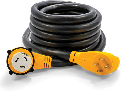 Camco 25' PowerGrip Cord with 50M/50F-90 Degree Locking Adapter | Allows for Easy RV Connection to Distant Power Outlets | Built to Last (55574)