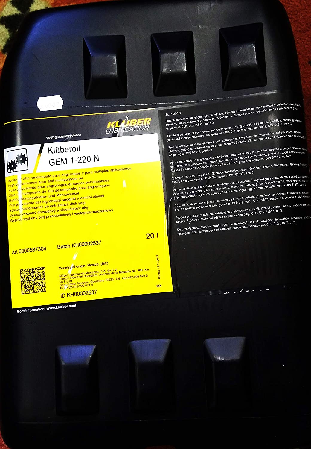 Kluberoil GEM 1-220N Pail of High Performance and Multi-Purpose Mineral Gear Oil 20 Liter