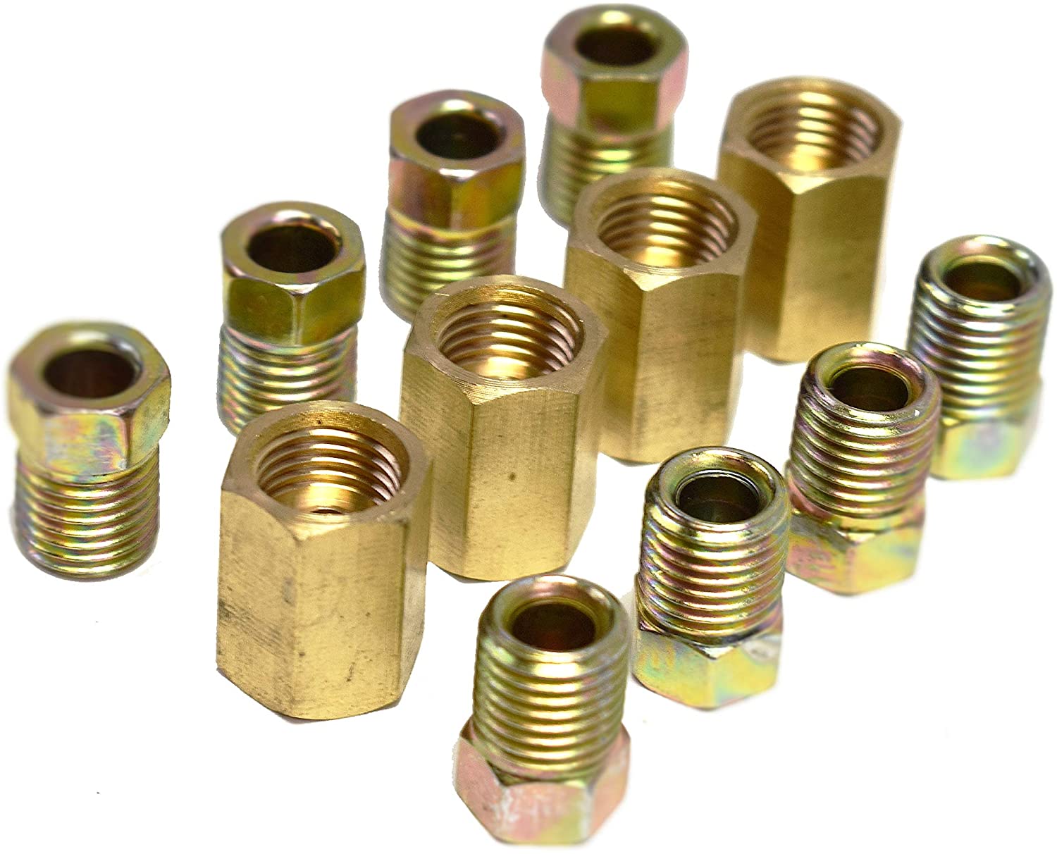 A-Team Performance 12 Piece 3/8 Inch-24 Threads Brake Line Fittings Assortment for 3/16 Inch Tube (4 Unions, 8 Nuts)