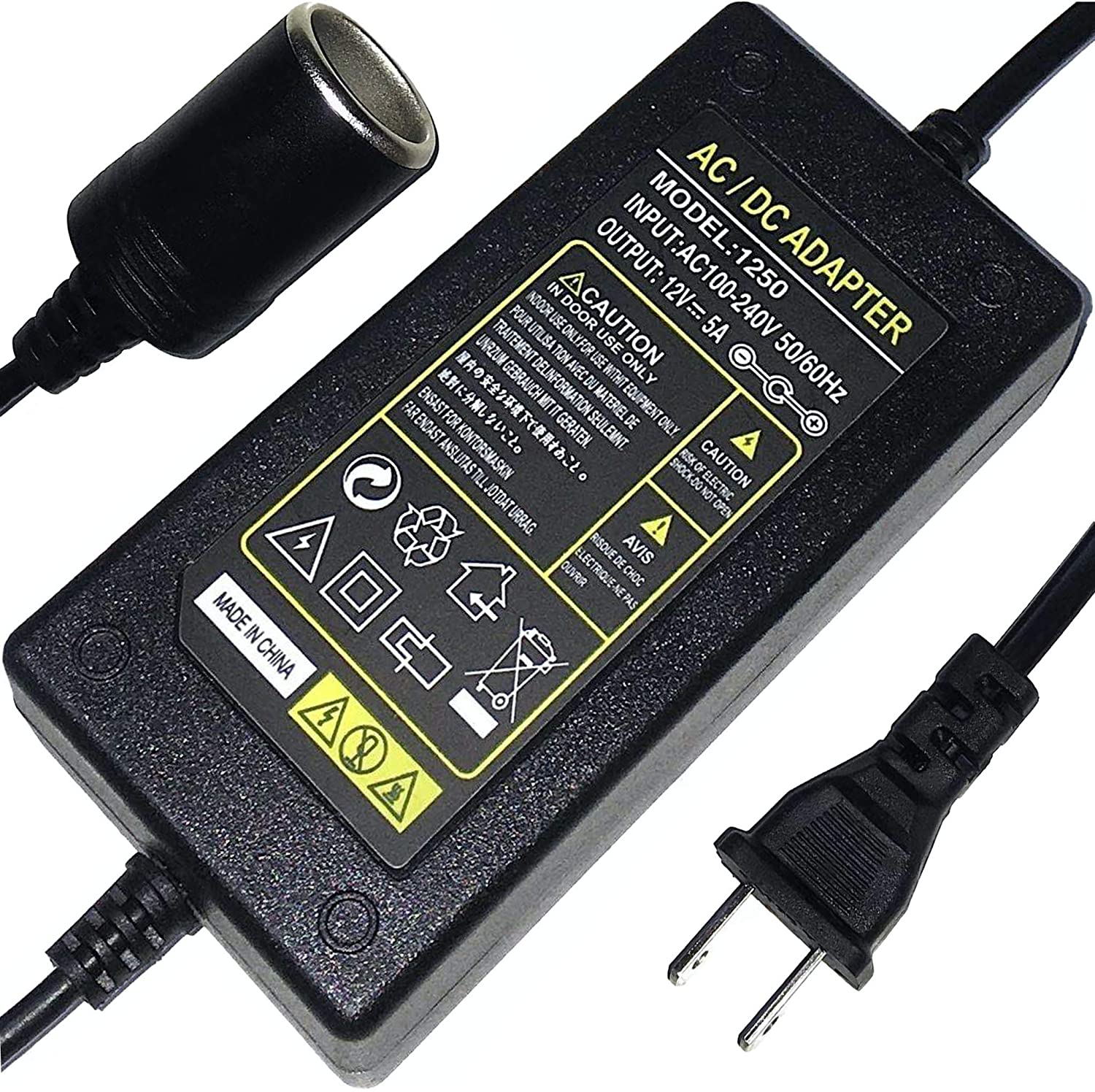 110V to 12V Converter AC to DC Car Cigarette Lighter Socket Adapter - Wall Plug 120V to Auto Charger Female Outlet - 110/120 Volt to 12 Volt Power Supply Transformer - 5A 60W