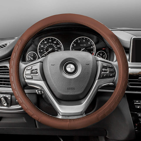 FH Group FH2006 Microfiber Embossed Leather Steering Wheel Cover (Brown) – Universal Fit for Cars Trucks & SUVs