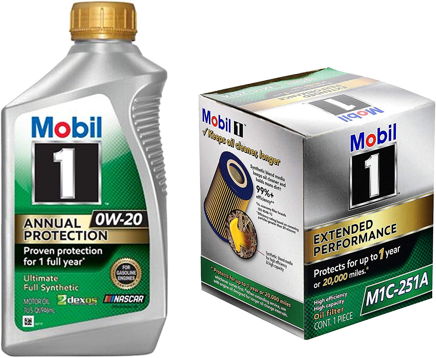 Mobil 1 Annual Protection Synthetic Motor Oil 0W-20, 1-Quart, Single Bundle 1 Extended Performance Oil Filter, M1C-251A, 1-Count