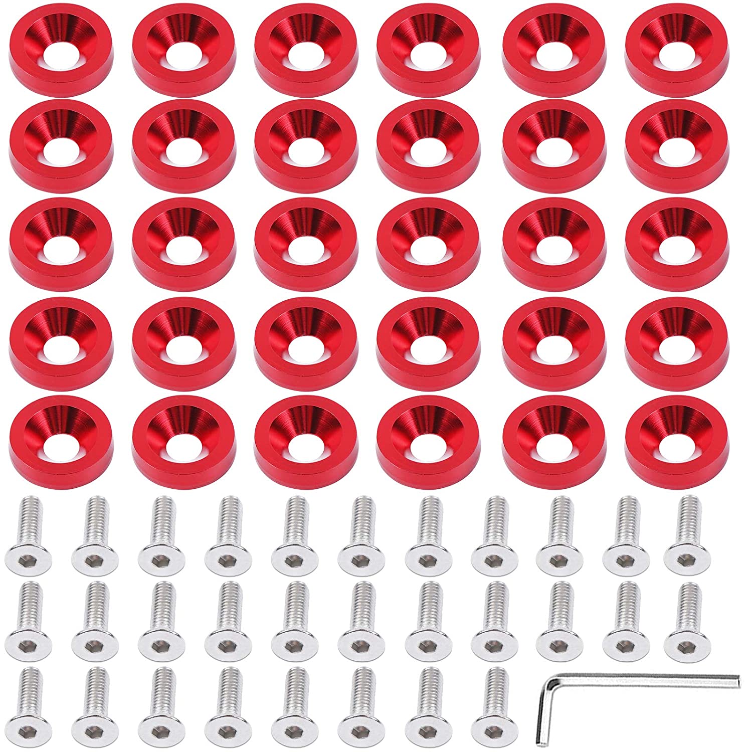 AUTOPTIM 30 Pcs Aluminum Bumper Washer Bolt, Red M6x20mm CNC Billet Fender Washer Engine Bay Dress Up Fastener Kit