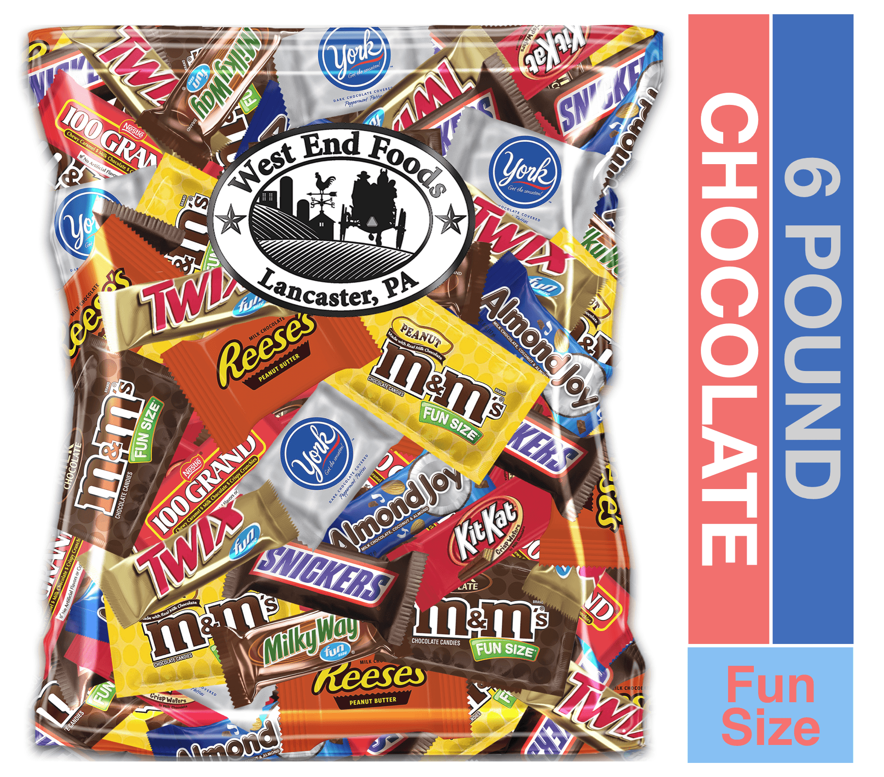 Chocolate Mix Bag Individually wrapped M&M's, Snickers, Milky Way, Twix, Reese's, York, 100 Grand, Almond Joy, Kitkat.(6 Pound)