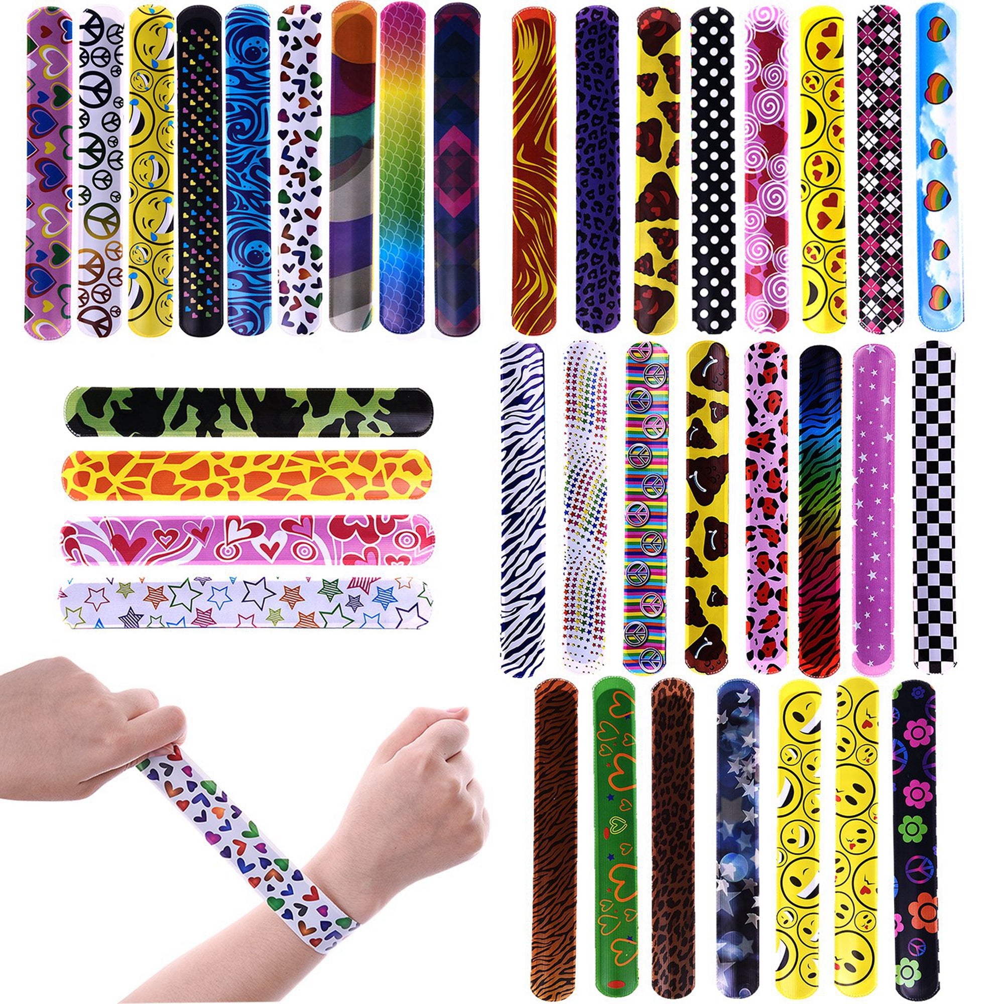 Fun Little Toys 72 PCs Slap Bracelets Toy Party Favor Pack with Colorful Hearts Emoji Animal Print Design Retro Slap Bands for Birthday Parties, Kids Prizes,Stocking Stuffers, Pinata Fillers