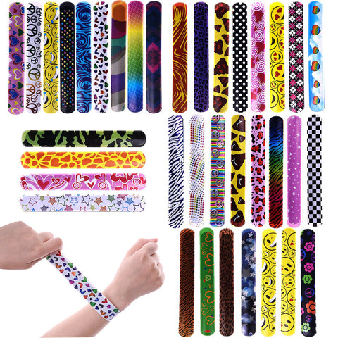Fun Little Toys 72 PCs Slap Bracelets Toy Party Favor Pack with Colorful Hearts Emoji Animal Print Design Retro Slap Bands for Birthday Parties, Kids Prizes,Stocking Stuffers, Pinata Fillers
