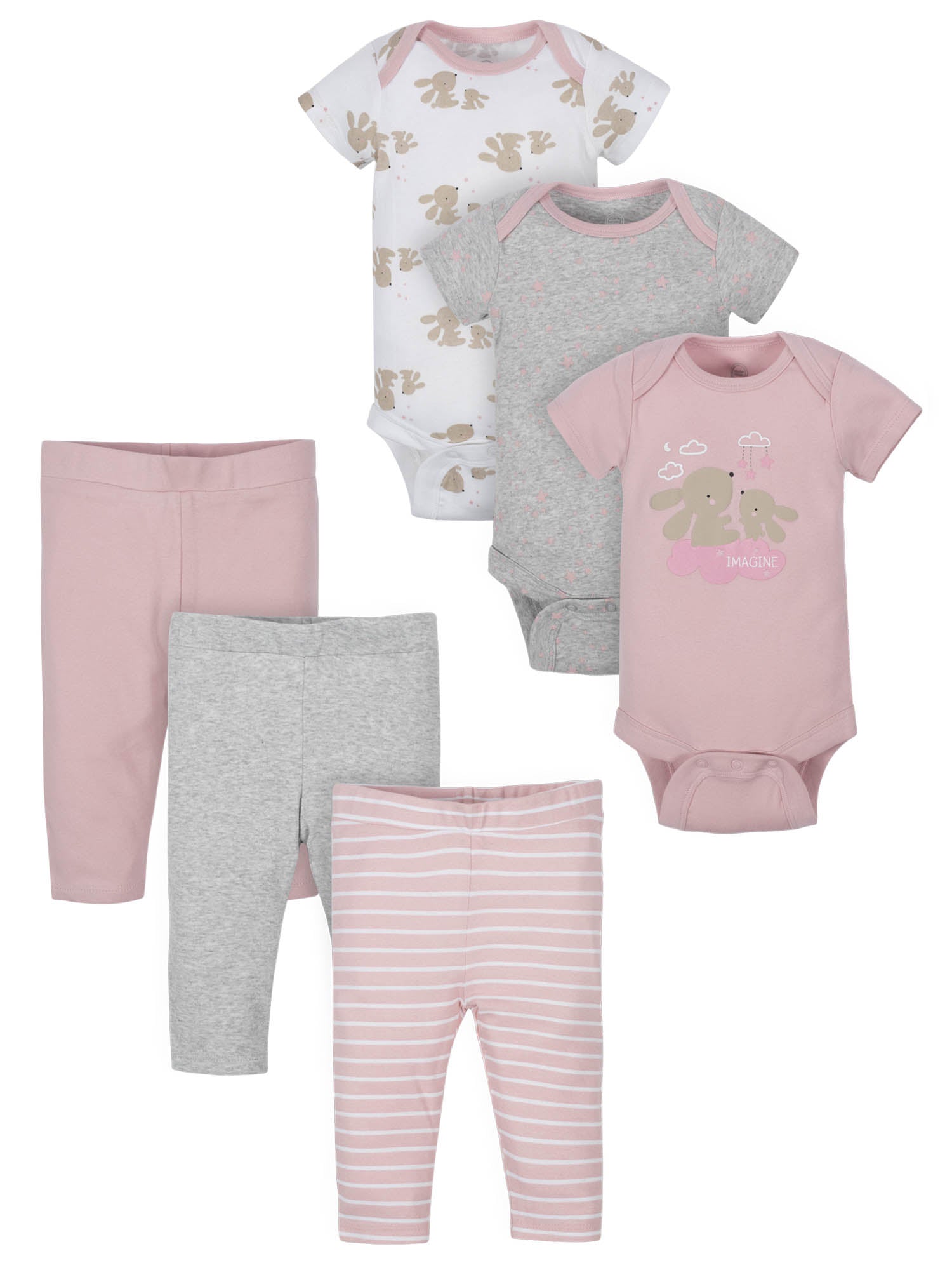Wonder Nation Baby Girl Outfit Short Sleeve Bodysuits & Pants Shower Gift Set, 6-Piece