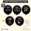 50-Pack Latex Balloons in Funny Retirement Sayings for Retirement Party Supplies and Decorations, 12” Black, Ribbon Included