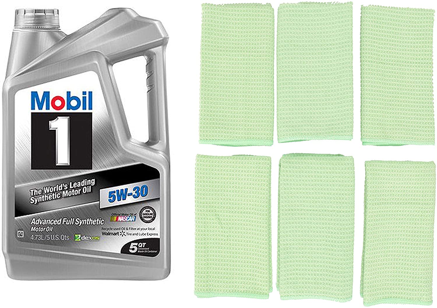 Zwipes Stemware and Bar Towel, Waffle Weave, 6-Pack, Green Bundle with Mobil 1 Advanced Full Synthetic Motor Oil 5W-30, 5-Quart
