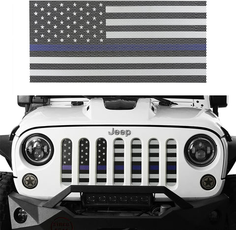 Hooke Road JK Front Grill Mesh Insert Grille Screen Bug Deflector for Jeep JK Wrangler & Unlimited 2007-2018 (Thin Blue Line US Flag)