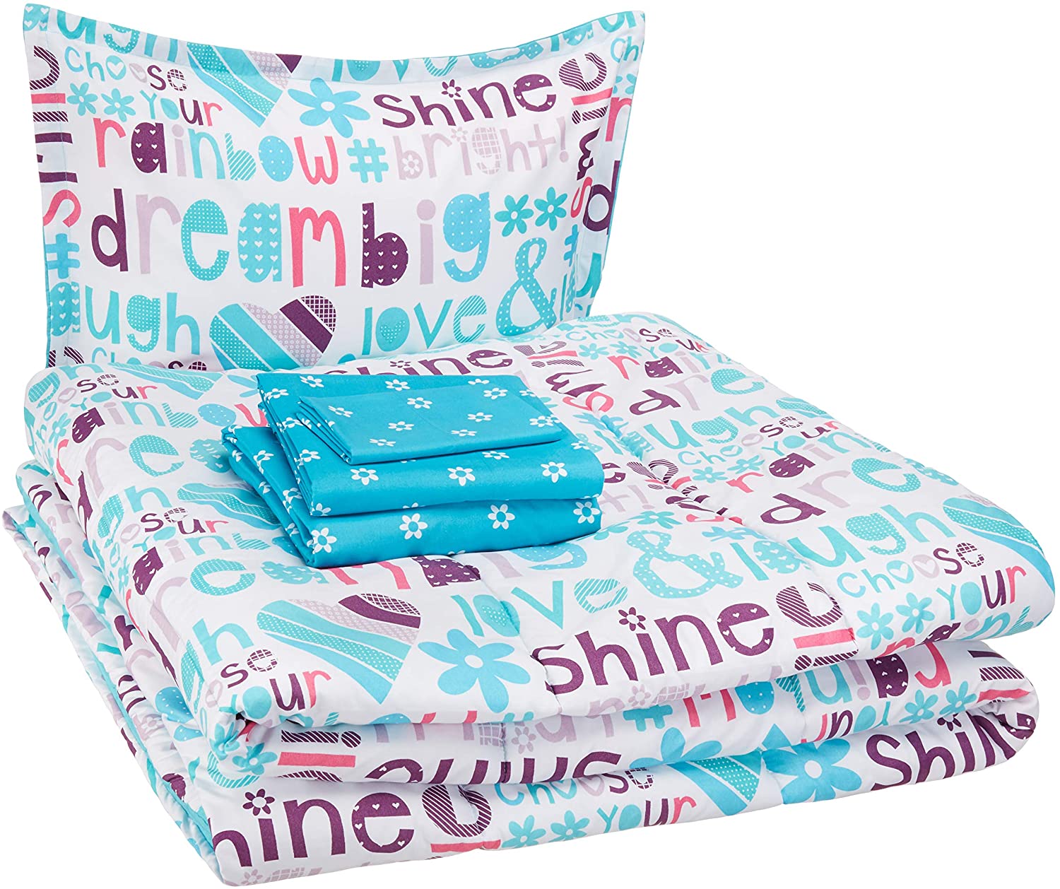 AmazonBasics Easy Care Super Soft Microfiber Kid's Bed-in-a-Bag Bedding Set - Twin, Purple Unicorns