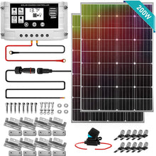 SereneLife 200W Solar Panel Starter Kit - 12v Monocrystalline Portable Mono Solar Panel Starter Kit w/ 3 ft 11AWG Cable Set, 30A PWM Controller w/LCD - Van Campers, Car Roof, Boat SLSPSKT200 (2 Pcs) (200w)