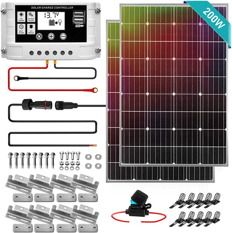 SereneLife 200W Solar Panel Starter Kit - 12v Monocrystalline Portable Mono Solar Panel Starter Kit w/ 3 ft 11AWG Cable Set, 30A PWM Controller w/LCD - Van Campers, Car Roof, Boat SLSPSKT200 (2 Pcs)
