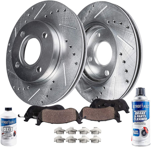 Detroit Axle - Pair (2) Front Drilled and Slotted Disc Brake Kit Rotors w/Ceramic Pads & Brake Kit Cleaner & Fluid for 1998 1999 2000 2001 2002 Chevy Prizm/Toyota Corolla