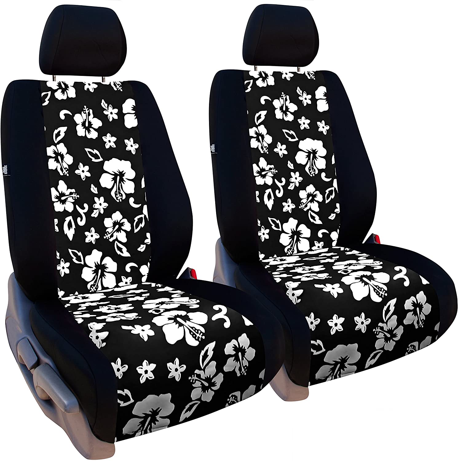 Front Seats: ShearComfort Custom Hawaiian Seat Covers for Toyota Corolla (2020-2020) in Black w/Black for Buckets w/Adjustable Headrests (LE Model)