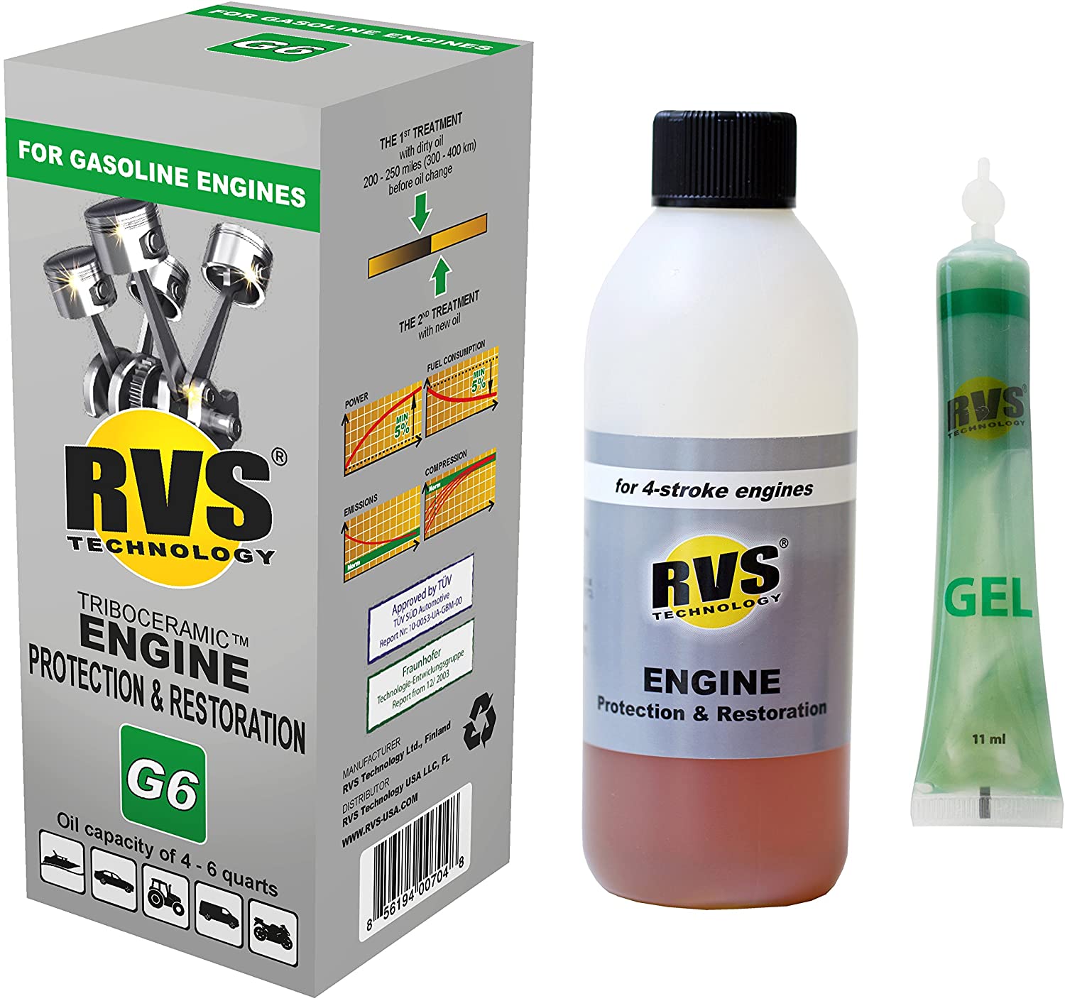 RVS Technology G6 Engine Treatment. for Gasoline Engines with an Oil Capacity up to 6 quarts. Restore and Protect Your Engine, Save Fuel, Increase Power. Safe for All Engines.