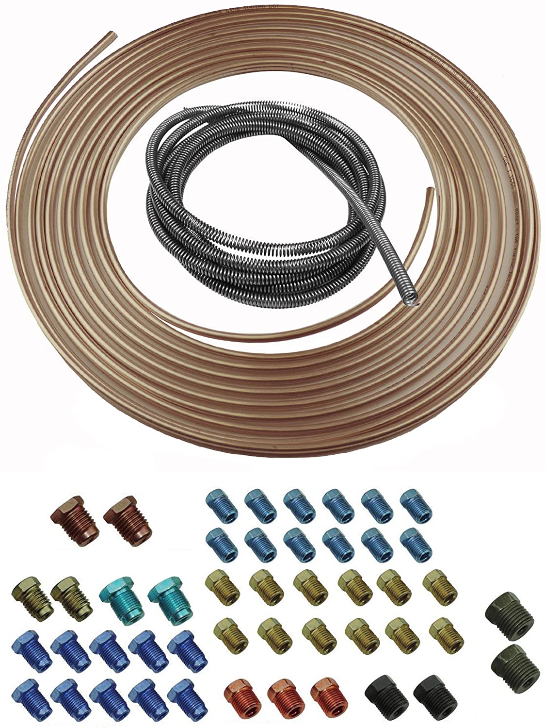 Copper Nickel Brake Line Tubing Kit 3/16 OD 25 Foot Coil Roll Fittings Spring 47 (L-5-4 + L-3-2 + L-3-7)