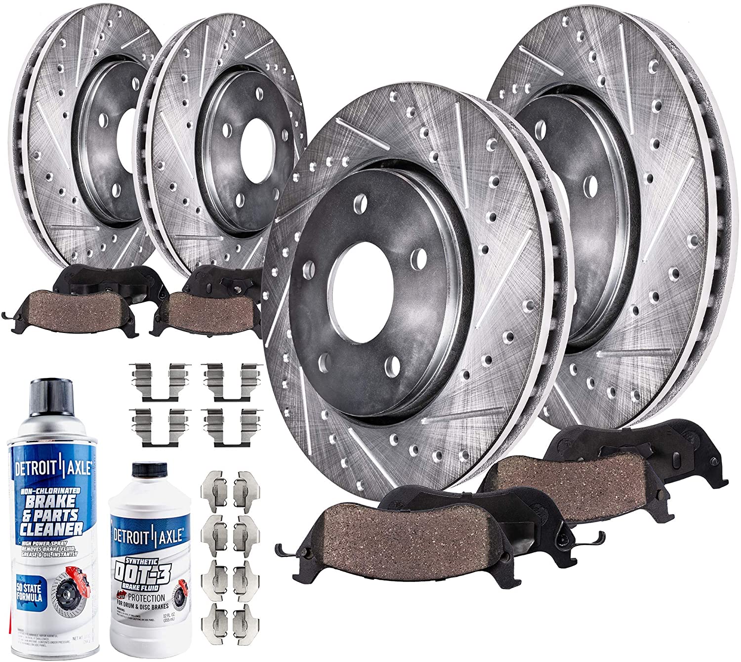 Detroit Axle - All (4) Front and Rear Drilled and Slotted Brake Kit Rotors w/Ceramic Pads w/Hardware & Brake Kit Cleaner & Fluid for 2010 2011 2012 2013 2014 2015 Chevy Camaro V6