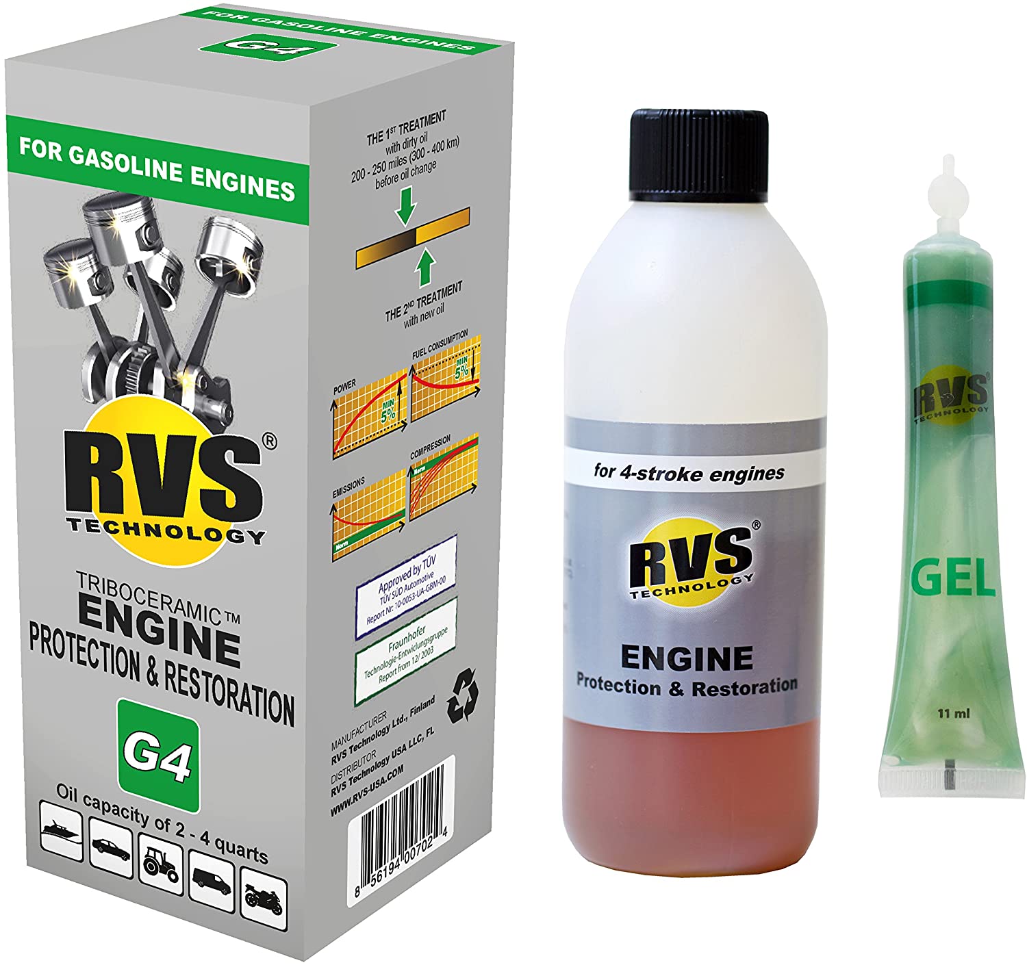 RVS Technology G4 Engine Treatment. for Gasoline Engines with an Oil Capacity up to 4 quarts. Restore and Protect Your Engine, Save Fuel, Increase Power. Safe for All Engines.