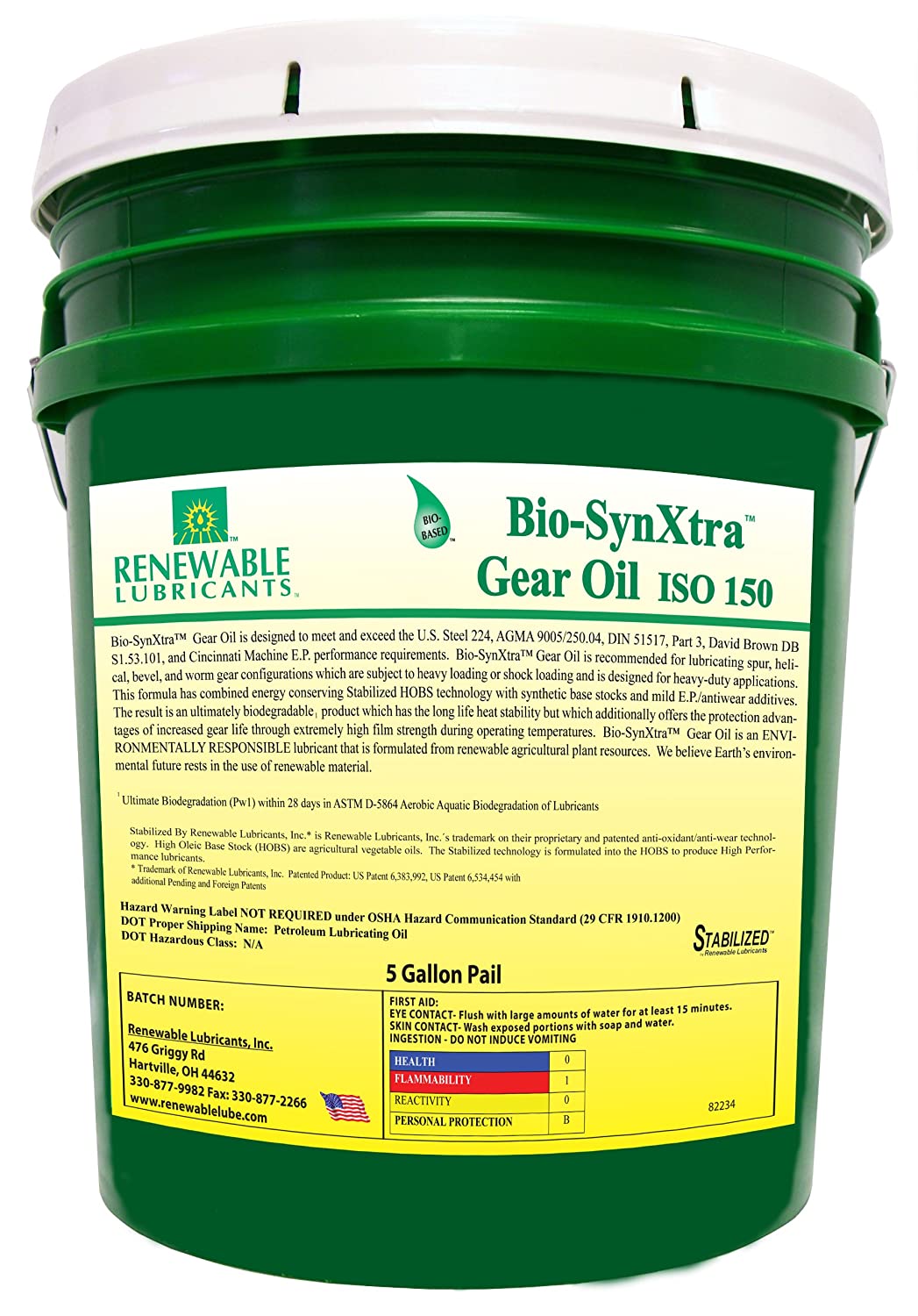 Renewable Lubricants Bio-SynXtra ISO 150 EP Gear Oil, 5 Gallon Pail