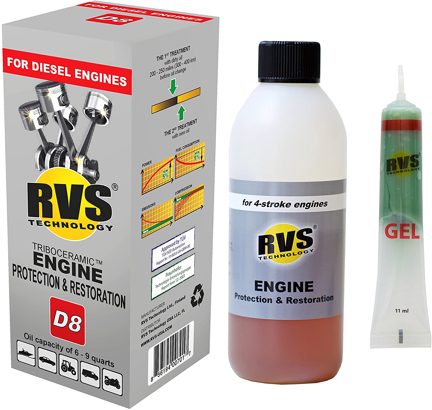 RVS Technology D8 Engine Treatment. for Diesel Engines with an Oil Capacity up to 9 quarts. Restore and Protect Your Engine, Save Fuel, Increase Power. Safe for All Engines.