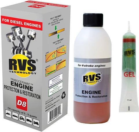 RVS Technology D8 Engine Treatment. for Diesel Engines with an Oil Capacity up to 9 quarts. Restore and Protect Your Engine, Save Fuel, Increase Power. Safe for All Engines.