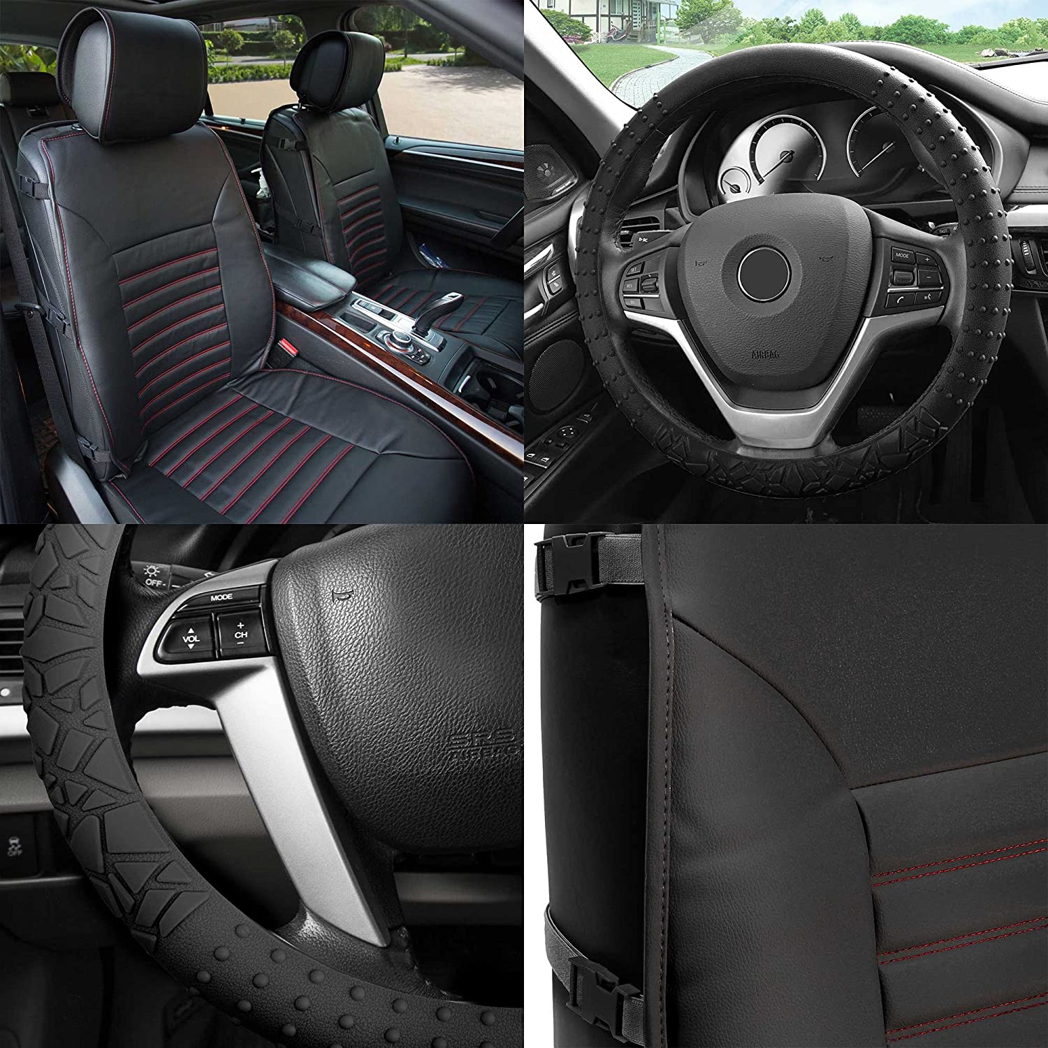 FH Group FH-PU206102 Multifunctional Quilted Leather Seat Cushions Pair Set + FH3002 Silicone w. Nibs & Pattern Steering Wheel Cover, Tan Color- Fit Most Car, Truck, SUV, or Van