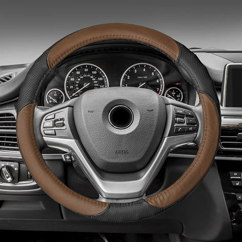 FH Group FH2008 Full Spectrum Genuine Leather Steering Wheel Cover (Yellow) – Universal Fit for Cars Trucks & SUVs