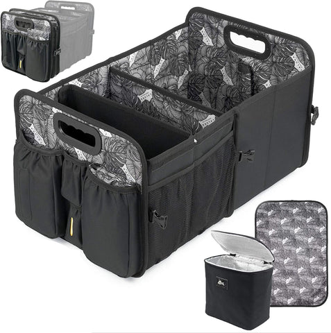 Car Trunk Organizer with Cooler Lid - Front and Back Seat Belt | Bottle, Wipes, Plastic Bag Pockets | Baby Diaper Caddy Organizer with Changing Pad | Backseat Car Organizer Kids Babies Storage Basket