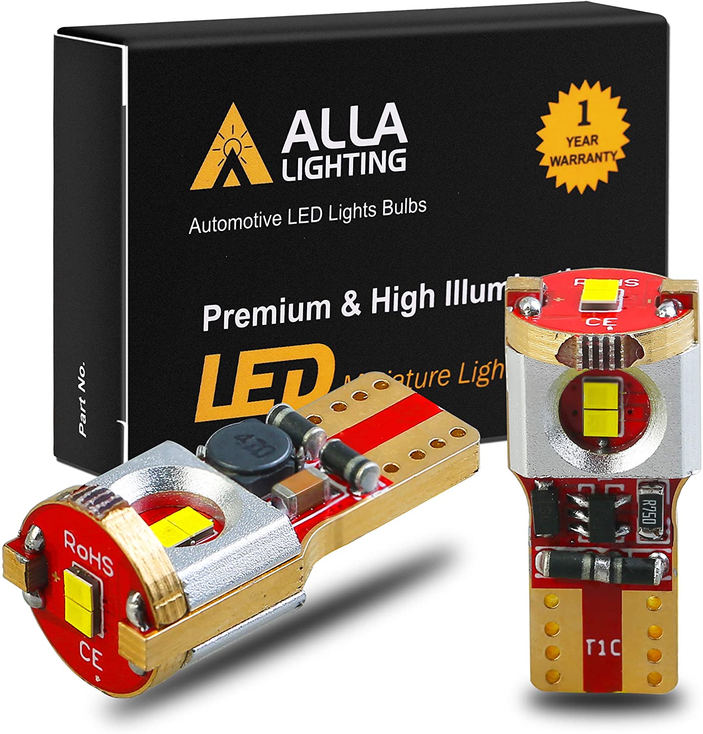 Alla Lighting Newest 194 LED Bulbs Super Bright T10 175 168 2825 W5W ZS SMD 12V LED Bulbs for Car License Plate Tag Interior Map Dome Trunk Courtesy Lights, 6000K Xenon White
