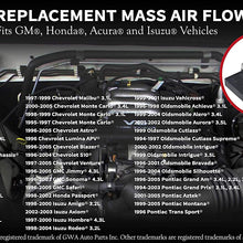 Mass Air Flow Sensor - Fits Chevy Impala, Monte Carlo, S10, Blazer, Malibu, Astro, Pontiac Grand Prix, GMC Safari, Oldsmobile Intrigue, Cutlass and more - Replaces 2133458, 10332673, 25008302, AF1004