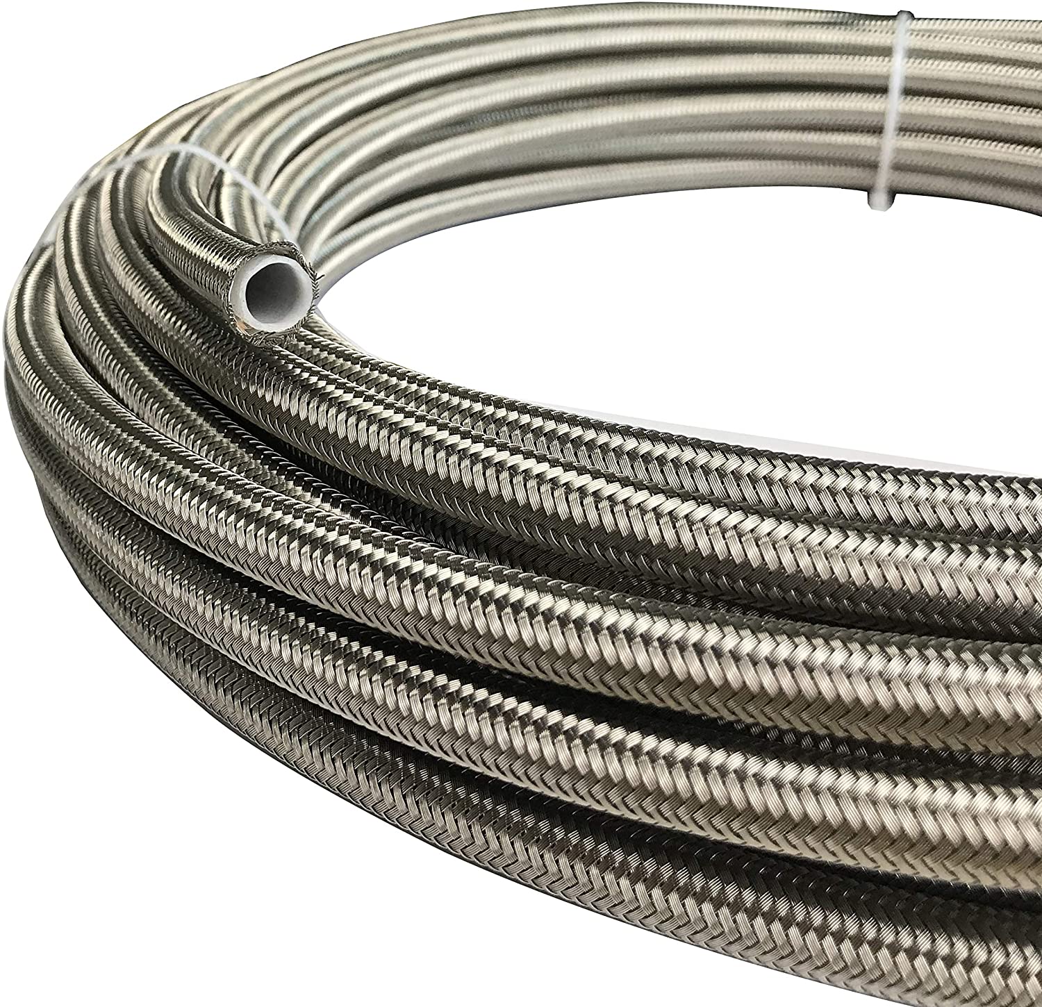 PTFE Teflon Hose 6 AN Stainless Steel Braided Oil Fuel Gas Line E85 for Fluids, Water, Alcohol, Transmission, Clutch, Nitrous, Power Steering, Oiling, Coolant, Methanol. Silver, 10 feet