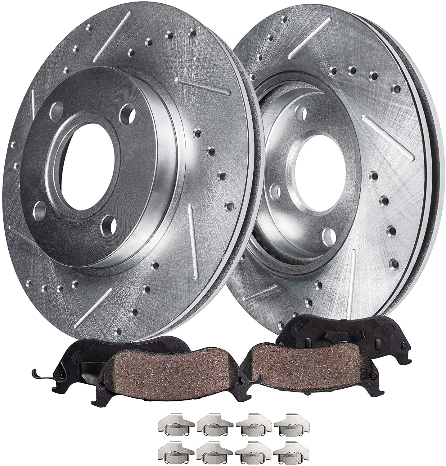 Detroit Axle - 258mm FRONT Drilled Brake Kit Rotor Set & Brake Kit Pads w/Clips Hardware Kit Performance GRADE for 2000 2001 2002 2003 2004 Ford Focus excluding SVT