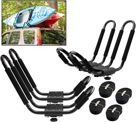 PaddleSports+ Kayak Roof Rack Sets for Cars and SUVs - Two Sets with Straps - Universal Fit Carriers Mount on Crossbars for Easy Travel with Kayaks Canoes Paddleboards and Surfboards
